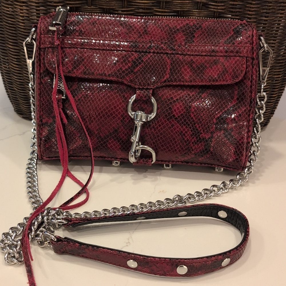 Rebecca Minkoff Sunday Mini Burgundy Snakeskin Print Leather Crossbody Bag